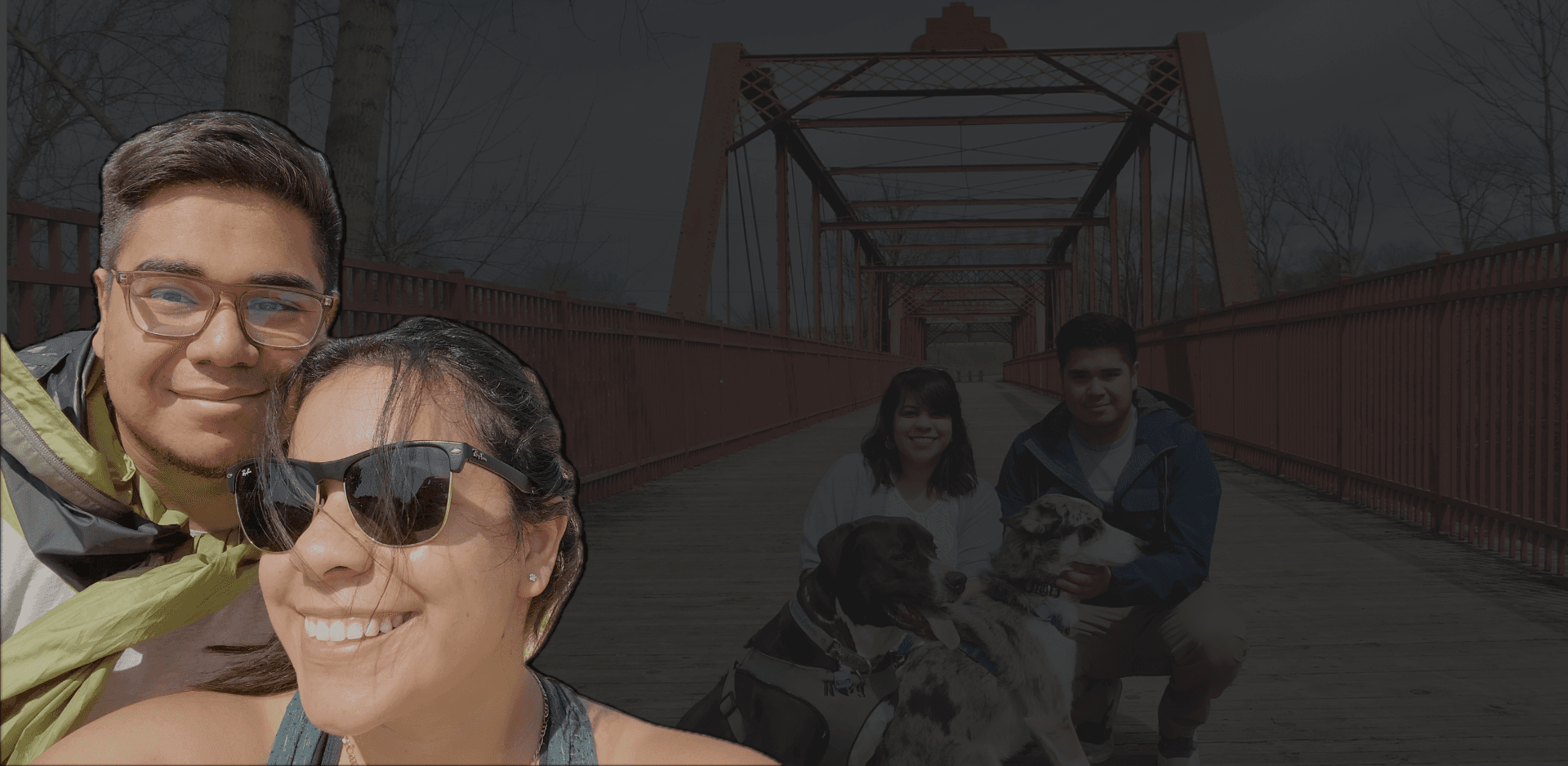 Bryan Arambula with his wife and dogs on a bridge in South Bend, Indiana